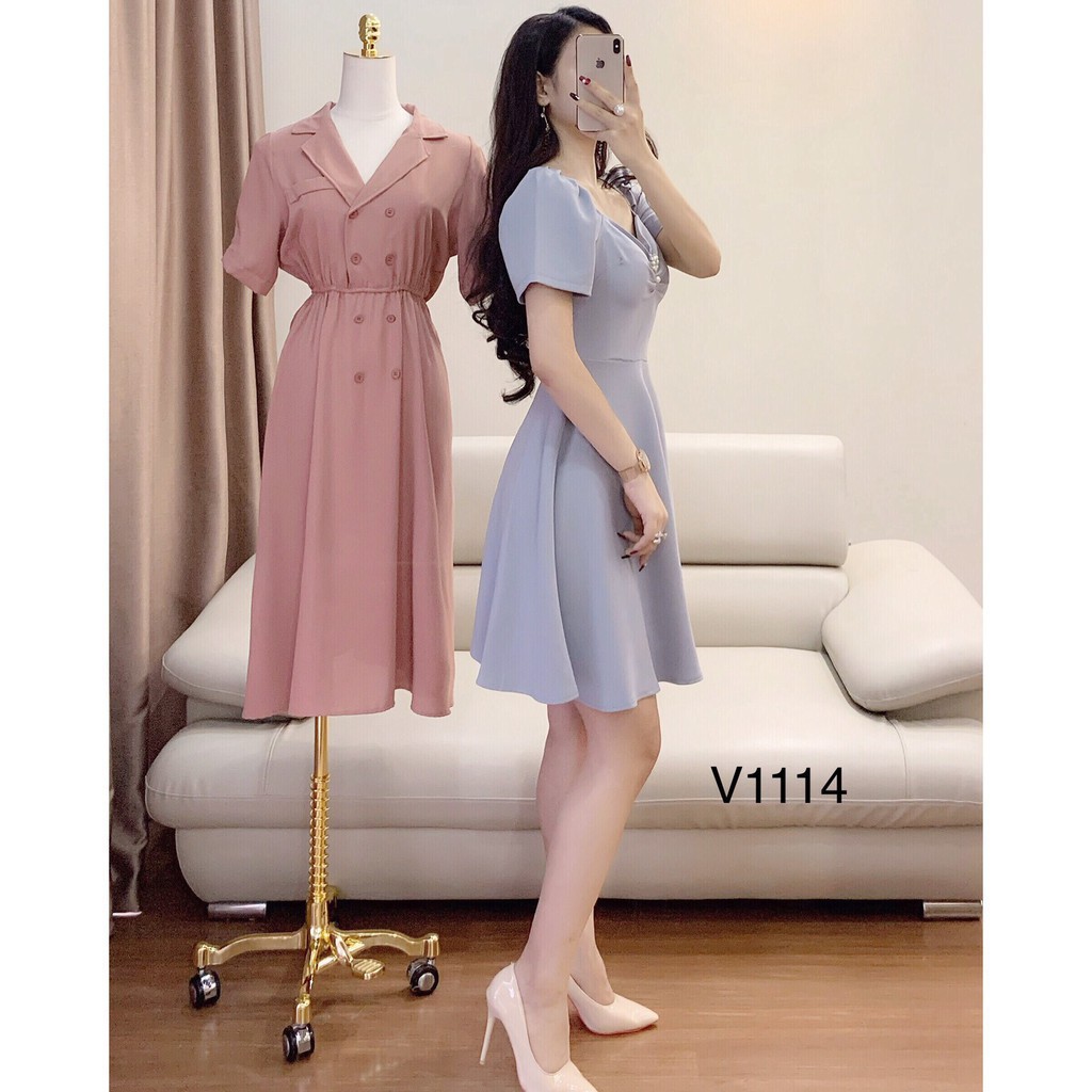 [ xả kho ] MiD Đầm xòe xanh nhún ngực V1114 Mie Design ảnh thật