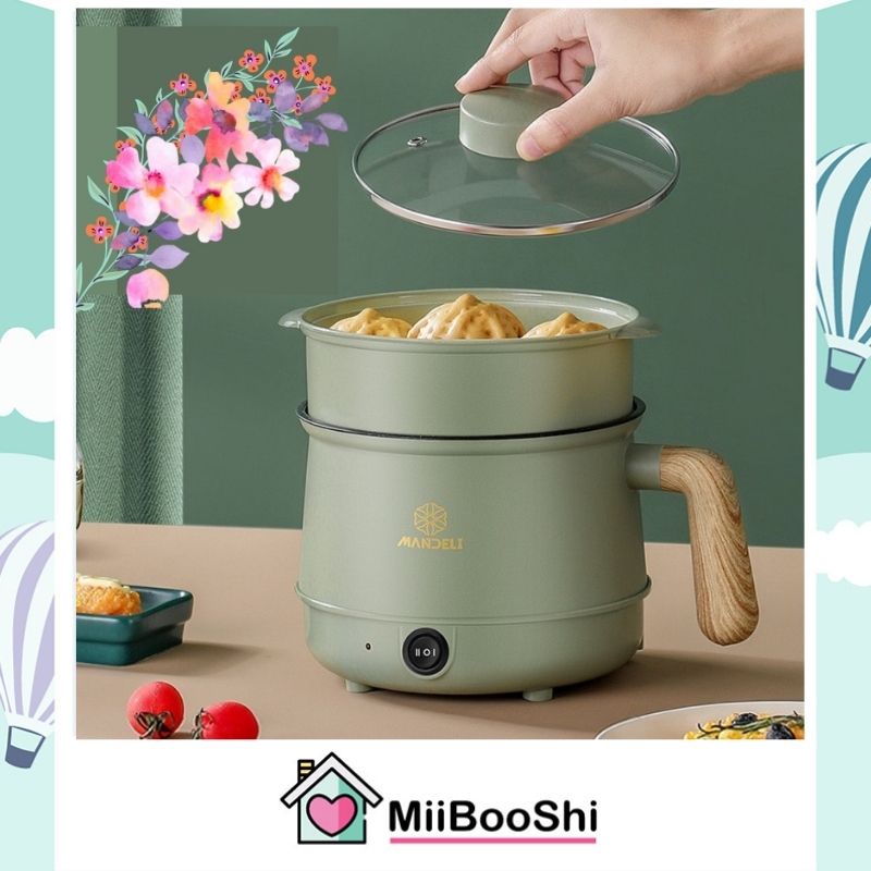 Nồi lẩu mini nấu cầm tay đa năng có tay cầm gỗ 1.8L có lớp cách điện siêu bền MIIBOOSHI D3.012