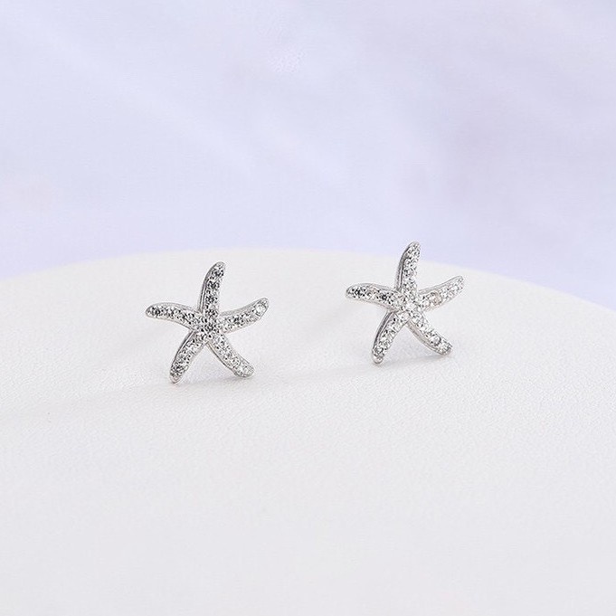 Khuyên Tai Bạc Nữ S925 CaoBac Silver Sao Biển Đính Đá Phong Các Đơn Giản  - Trang Sức Cáo Bạc JEWELLERY