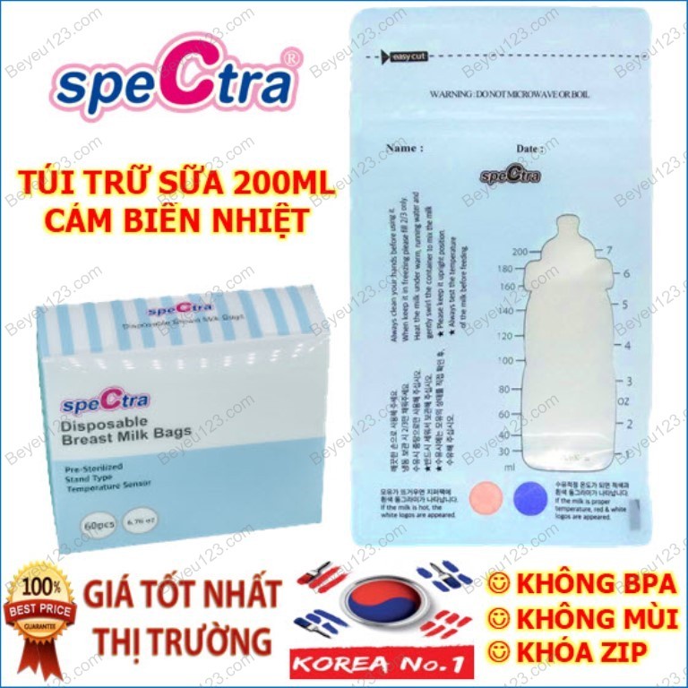 5 Túi / Hộp 30 Túi trữ sữa mẹ 200ml Spectra có cảm ứng nhiệt - Hàn Quốc