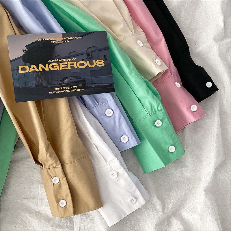 Áo sơ mi tay dài dáng rộng màu trơn phong cách Hàn Quốc thời trang xuân thu cho nữ