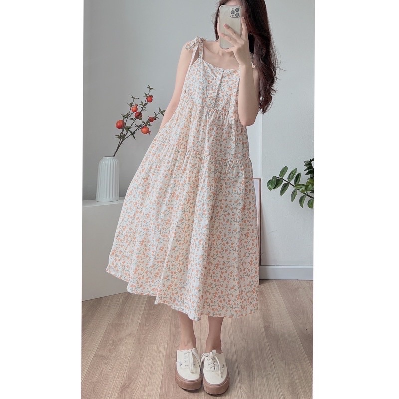 Đầm 2 Dây Hoa Nhí Thô Buộc Nơ Vai Váy Babydoll Hoa Nhí
