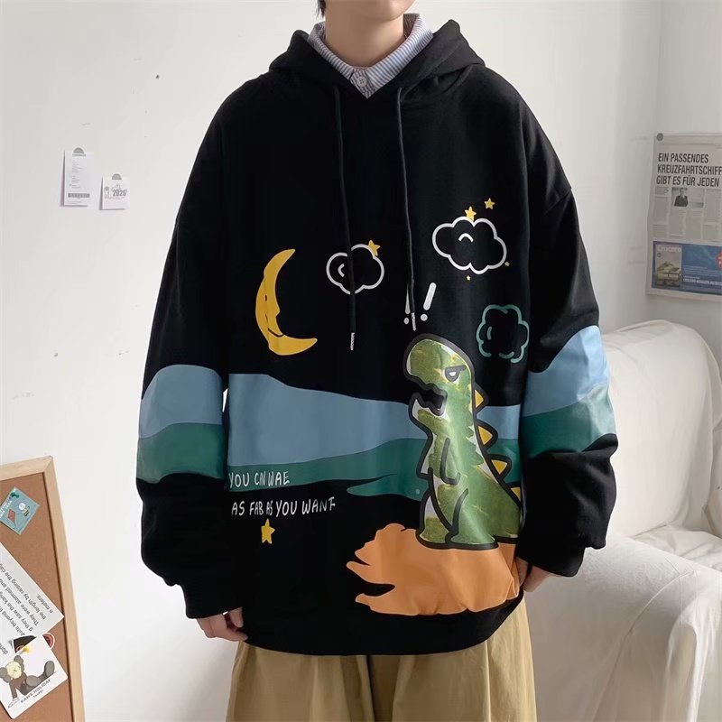 Áo hoodie nam dài tay dáng rộng in hình khủng long dễ thương có size M-2XL4