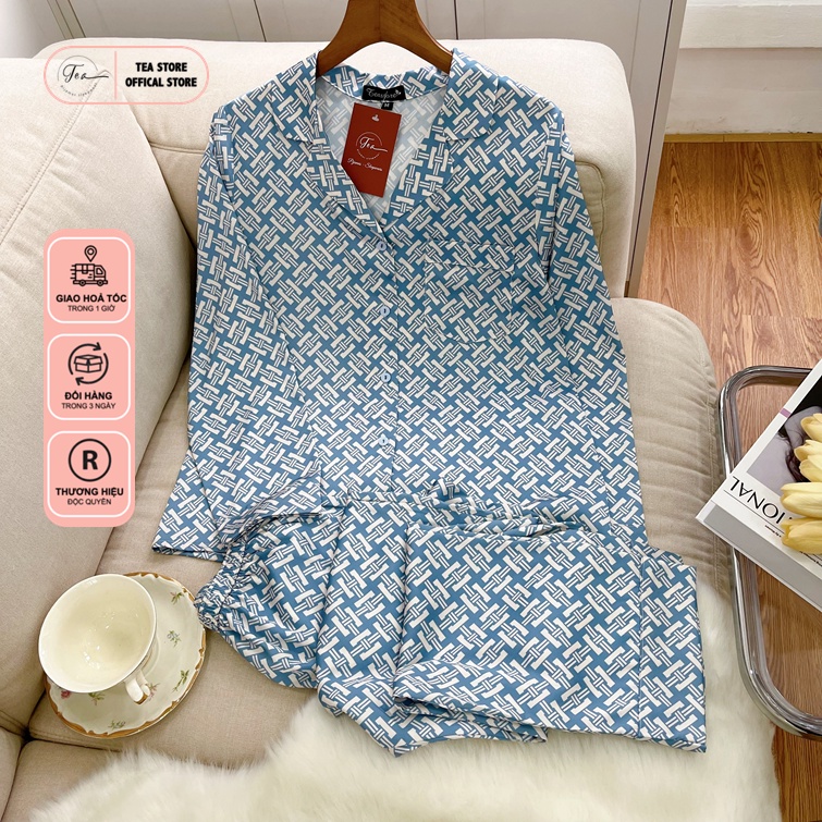 Bộ mặc nhà Pyjama lụa cao cấp Tea Store tay dài quần dài họa tiết hoa văn xanh