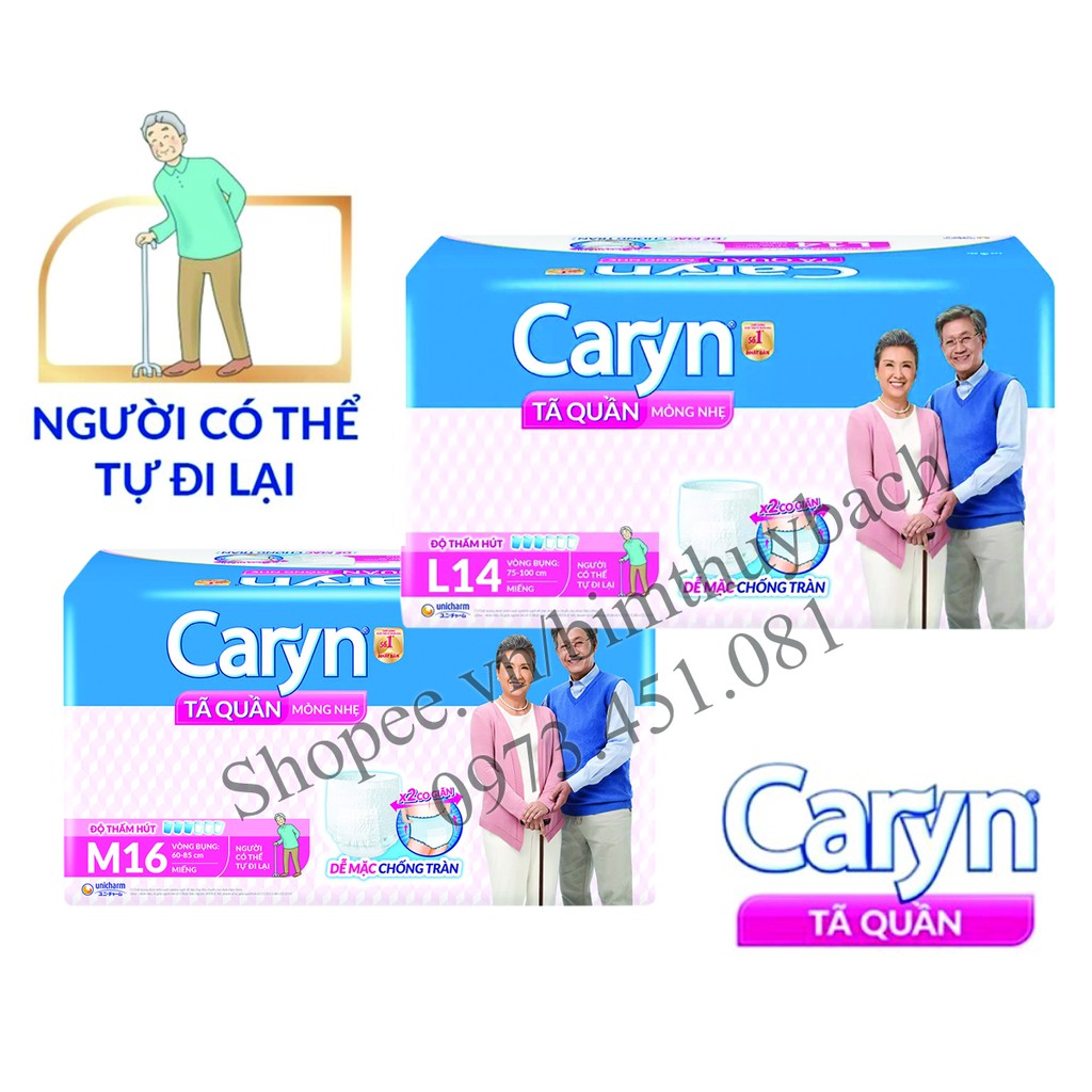 Tã/Bỉm Quần Caryn Người Lớn Caryn M16,L14,M8 Miếng Mỏng Nhẹ Chống Tràn Dành Cho Người Già Có Thể Đi Lại