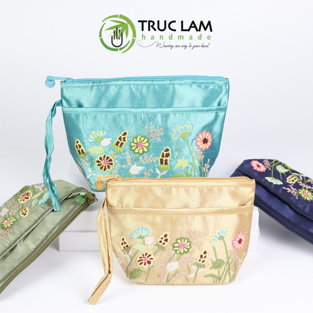 Ví Cầm Tay Nữ Vải Tafta Họa Tiết Hoa Cỏ Sa Hạt Thêu Tay Set 2 Chiếc