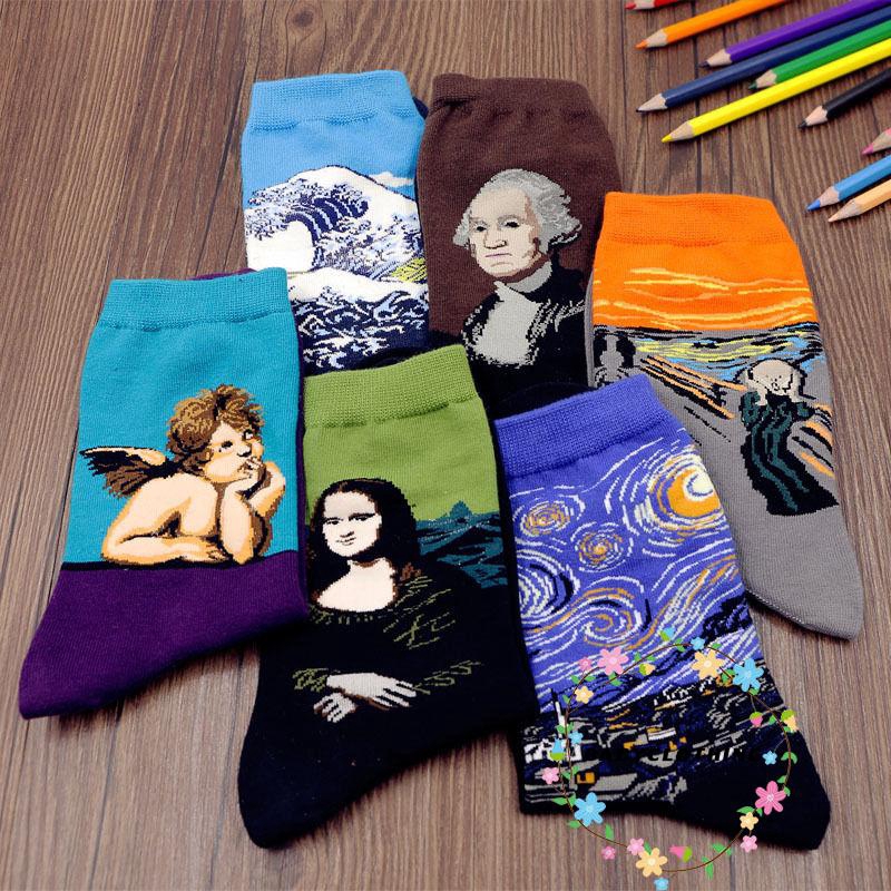 ღWSVღNO.1 1pair Unisex Oil Painting Art Socks Funny Novelty Starry Night Retro Men Women Sock 2018 newest fashion