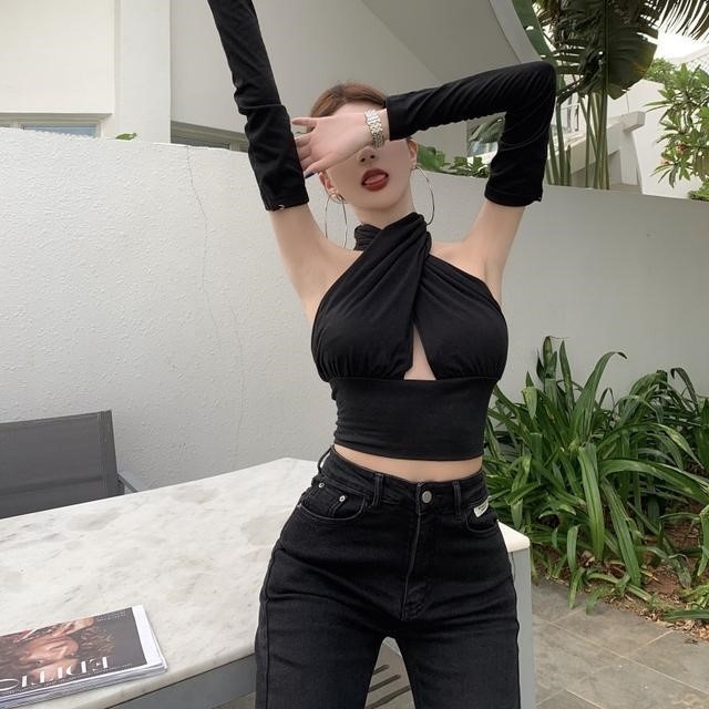 Sexy Women Cross Over Crop Top Sexy Nightclub Halter Neck Cut Out Sleeveless Tank Tops