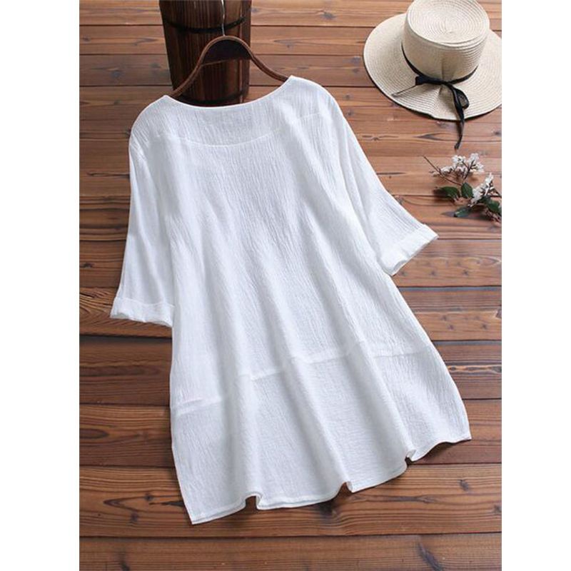 Áo Kiểu Vải Lanh Cotton Dáng Rộng Cổ Tròn Màu Trơn Phối Túi Trước Thời Trang Mùa Hè Cho Nữ