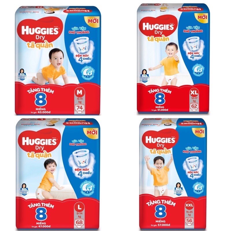 Tã quần Huggies Dry gói cực đại L68 / XL62 / XXL56 đệm mây mới