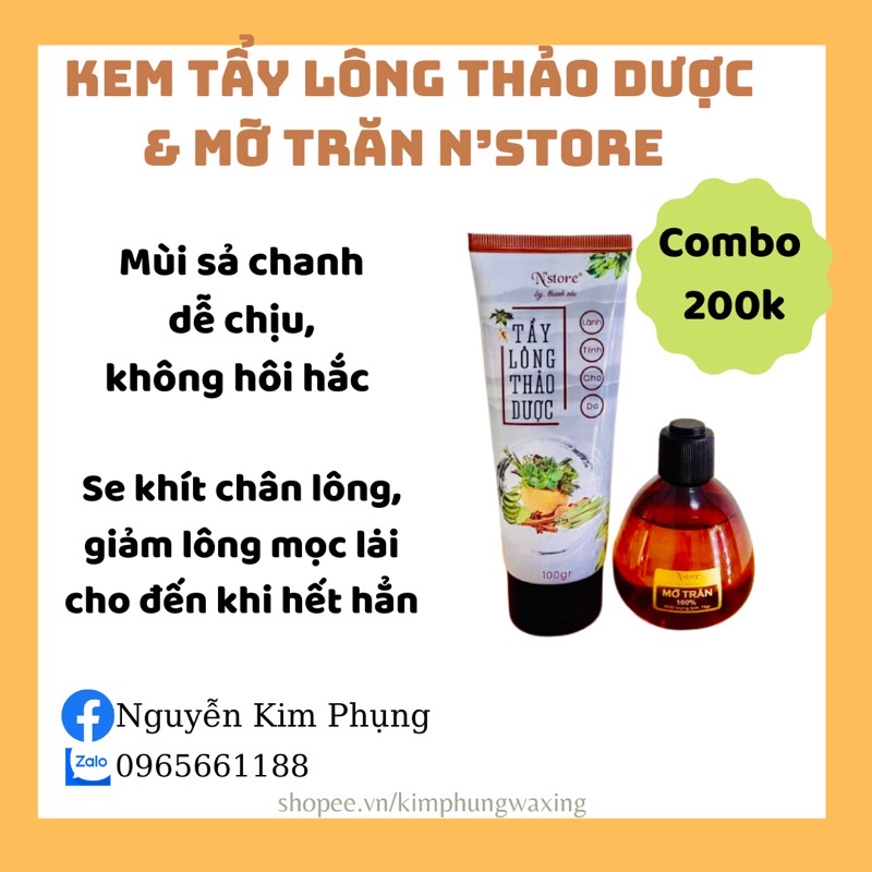 Combo triệt lông  gồm Kem tẩy lông thảo dược &amp; mỡ trăn Nstore, triệt lông tay, lông nách, lông chân, vùng kín