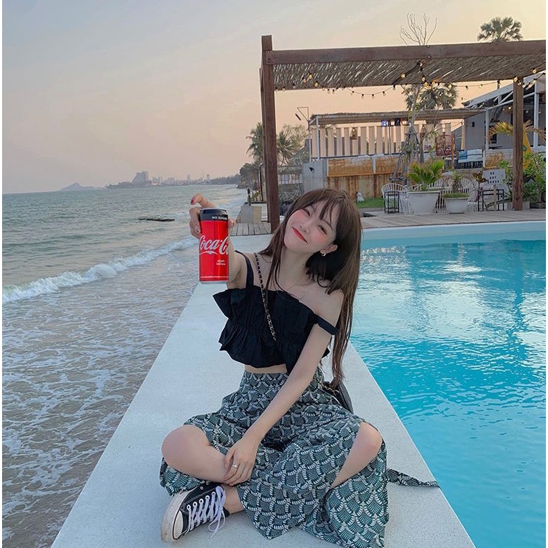 Áo croptop nữ 2 dây bản to xếp ly Wikishop đen be freesize phom ôm có chun co giãn hở eo sexy hàn quốc C956