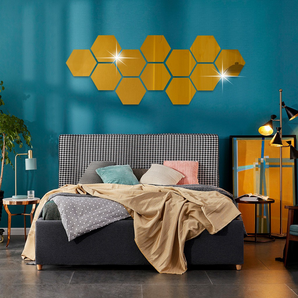 Set 12 Miếng Gương 3D Trang Trí Hình Lục Giác