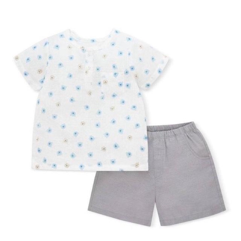 Bộ quần áo cộc tay mùa hè cúc thẳng vải xô cotton mềm thoáng mát bé trai Lullaby 7-14kg