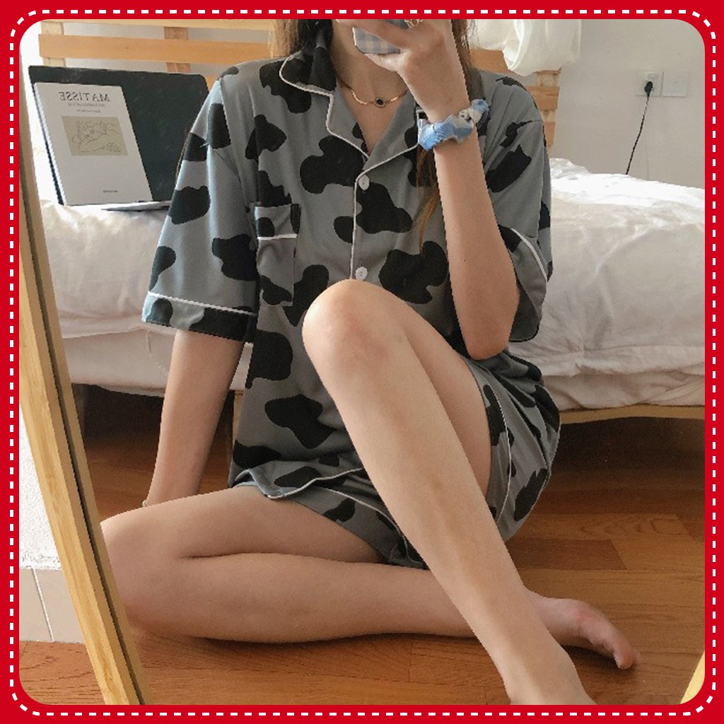 Đồ Ngủ Pijama Ngắn Tay, Bộ Ngủ Họa Tiết Bò Sữa Xám Trắng Ulzzang Hot Trend