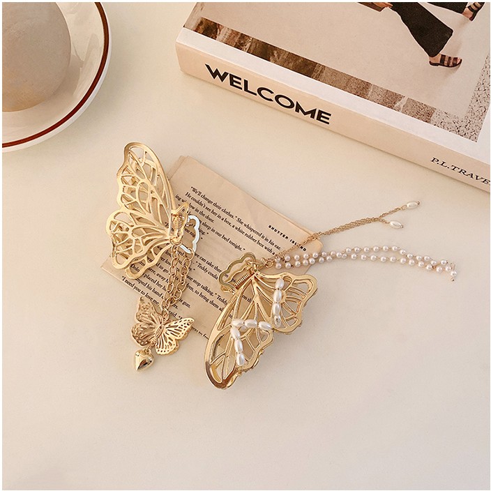 Kẹp tóc hình bướm đính đá và ngọc trai phong cách Hàn Quốc