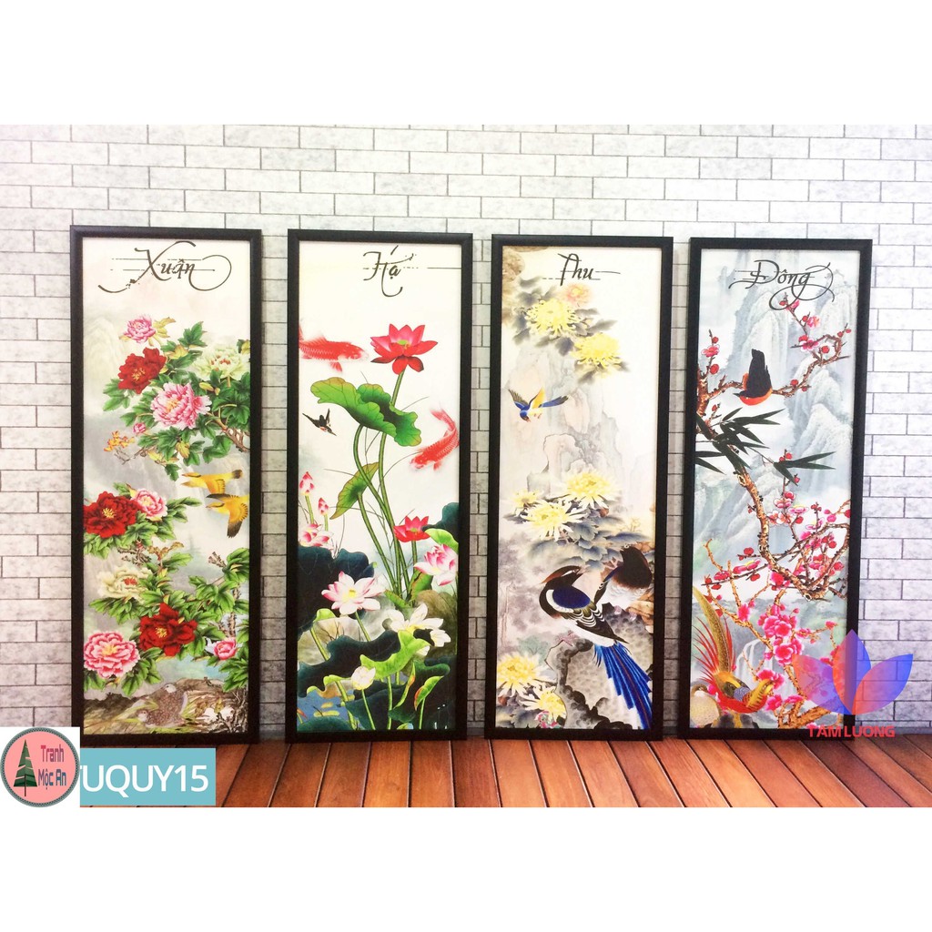 BỘ 4 TRANH TỨ QUÝ thương hiệu Mộc An size 25x75cm Tranh treo tường trang trí phòng khách tráng gương đẹp chất lượng cao