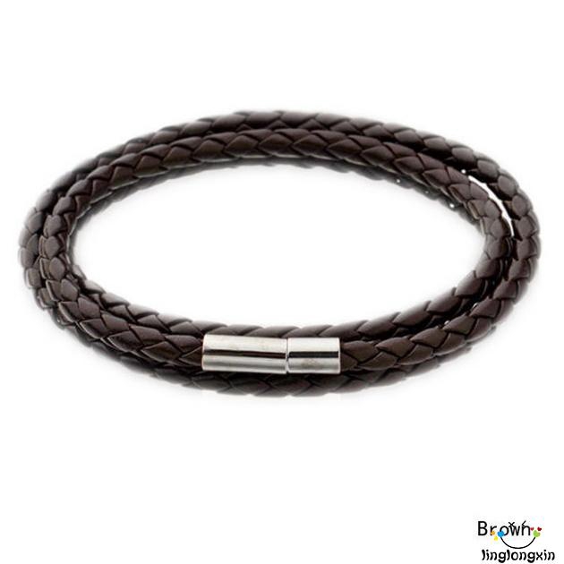 Vòng tay da nhiều lớp khóa kim loại cá tính cho nam