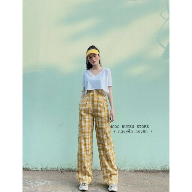 Quần suông ống rộng nữ 🌸 Cullotes Kẻ Caro Ống rộng Cạp Cao Dáng Chuẩn Cài khuy Có Khoá | BigBuy360 - bigbuy360.vn