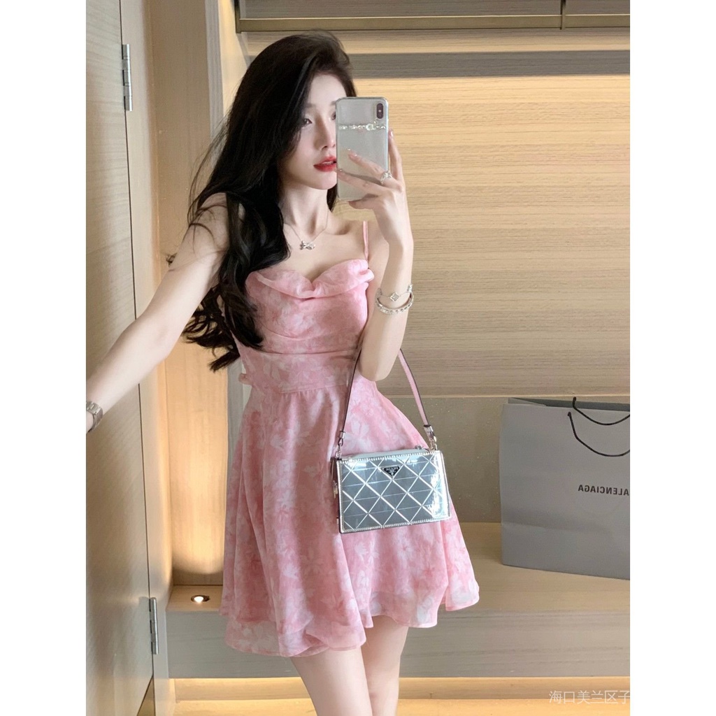 New stock pink floral romantic short skirt for women's summer 2023, unique design, slim fit for niche, floral dress, French dress, short sleeved dress, floral dress, long dress