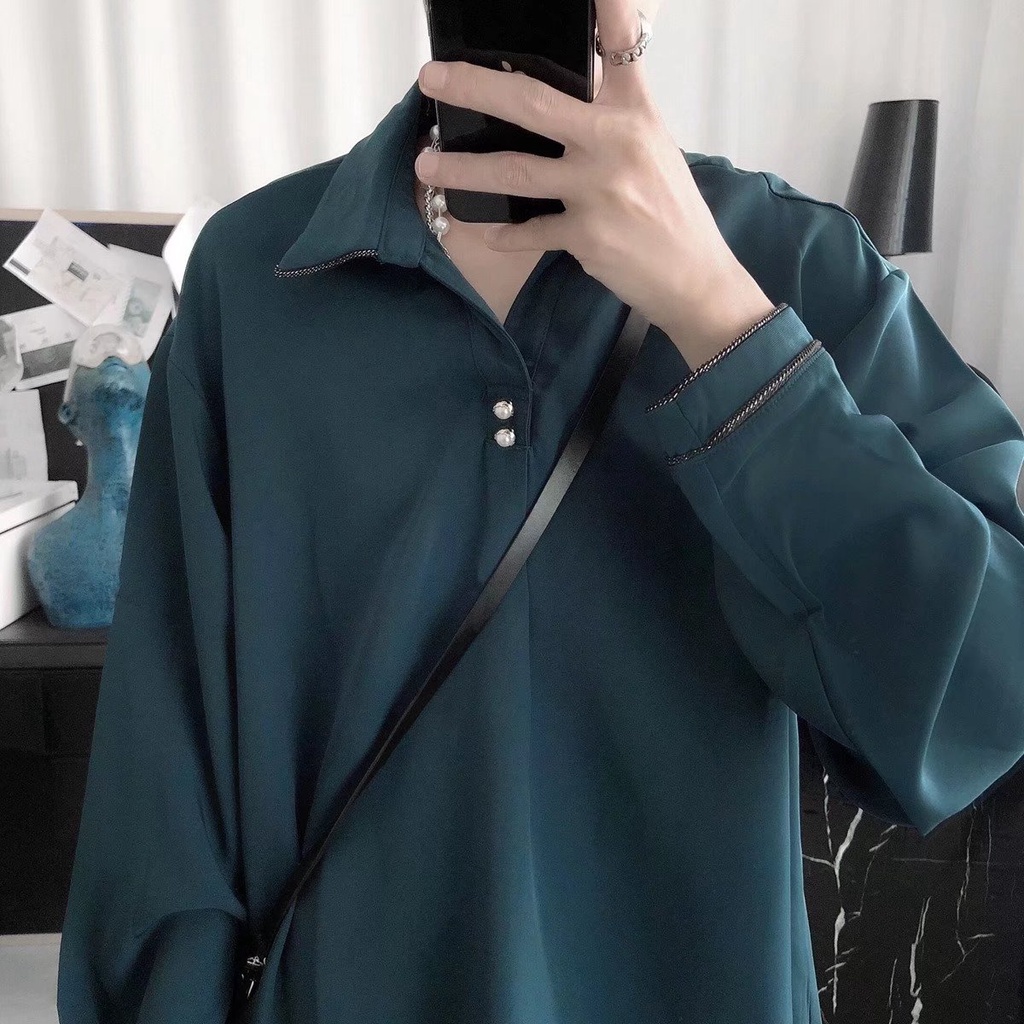 Áo Sơ Mi Nam Tay Dài Cổ Polo Màu Trơn Phong Cách Hàn Quốc Có Size M-2XL