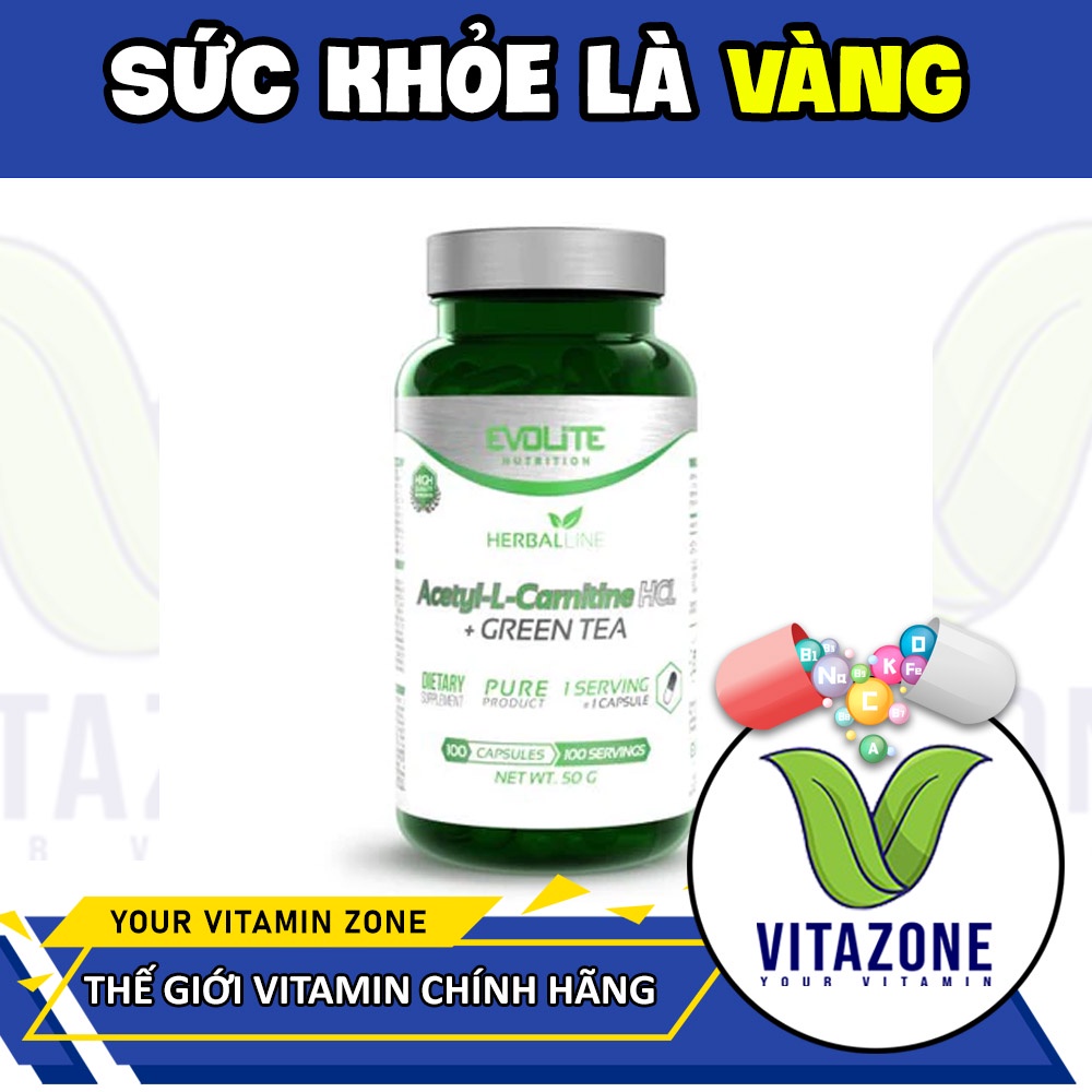 Evolite Carnitine Greentea, Viên uống  Acetyl L-Carnitine hỗ trợ giảm mỡ, an toàn, không mệt người, 100 viên