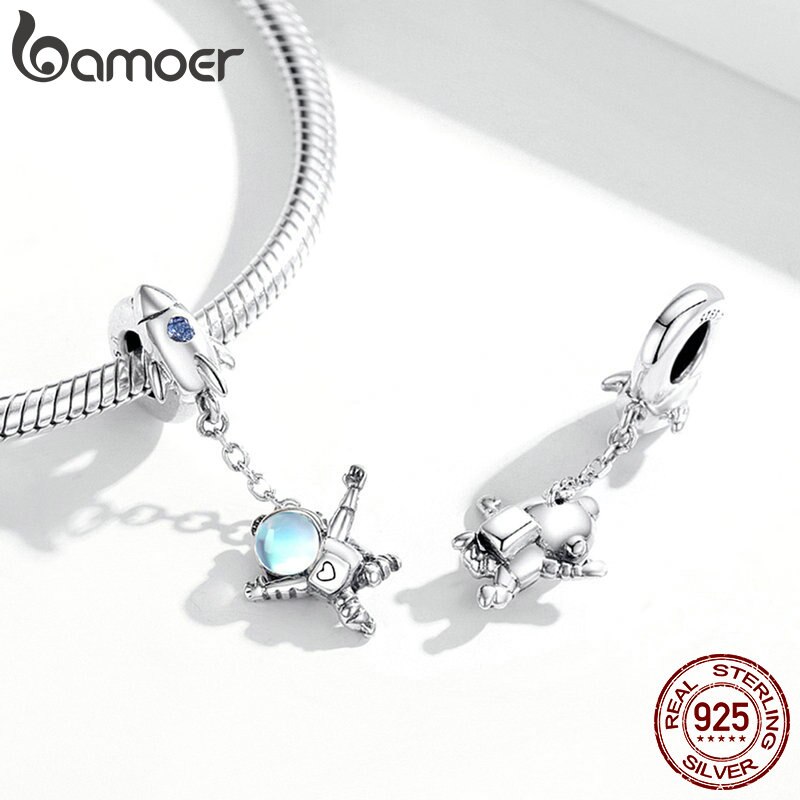 Mặt trang sức bamoer SCC1695 hình tàu vũ trụ &amp; phi hành gia bằng bạc thật 925 làm vòng tay DIY sành điệu