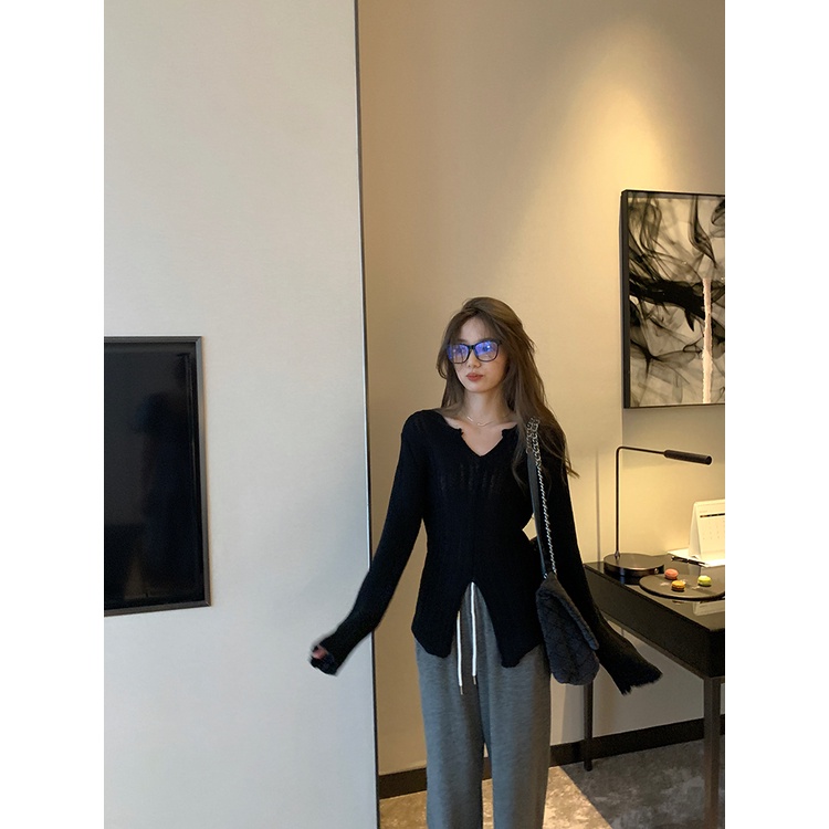 ZHELIHANGFEI Áo dệt kim xẻ tà V - áo thun tay dài cổ nhận thời trang eo