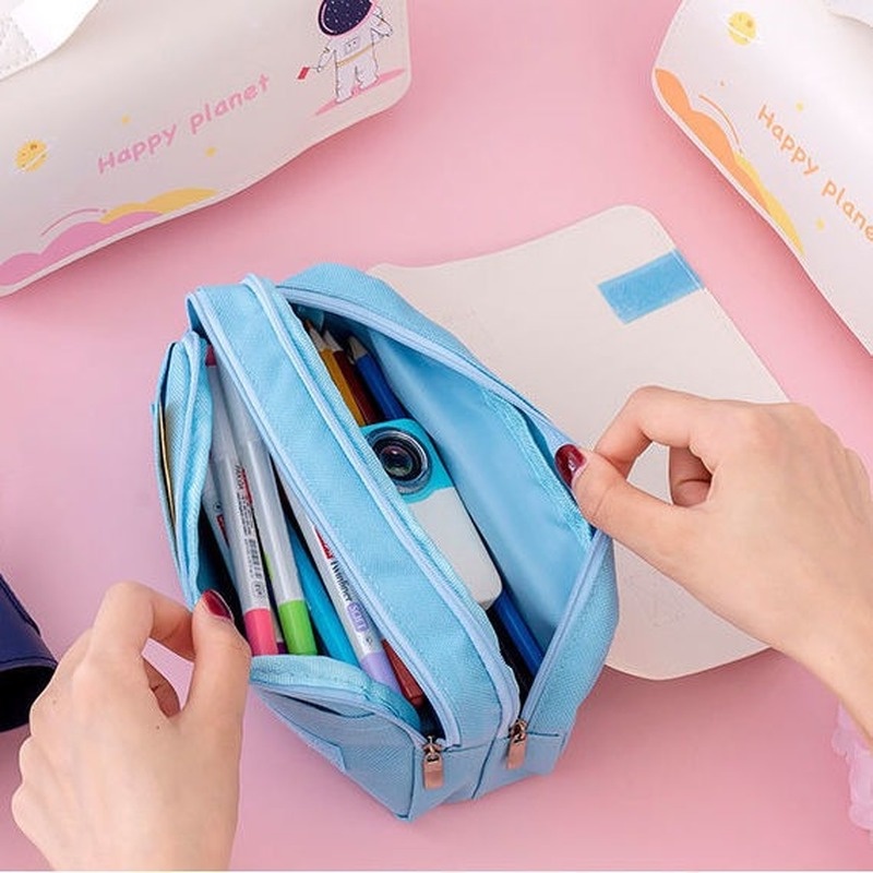 Túi đựng bút bằng vải Canvas nắp lật cỡ lớn đa năng in hình phi hành gia dễ thương cho học sinh