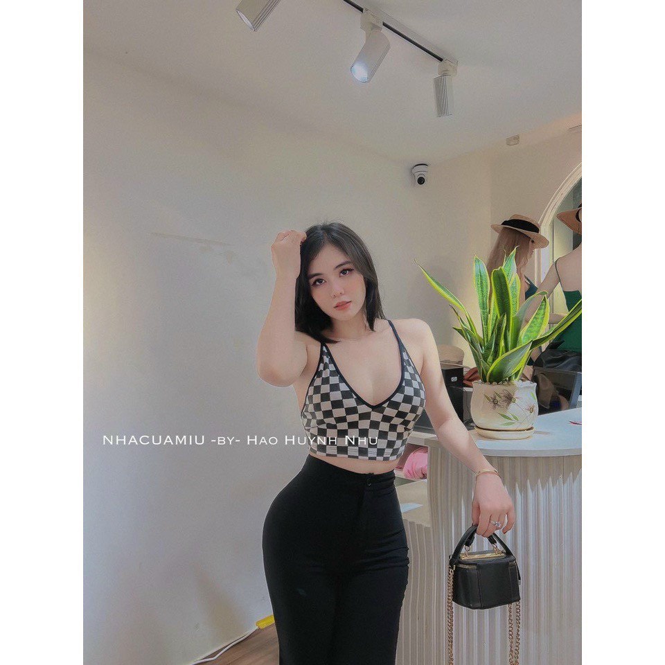 Áo thun 2 dây cổ tim croptop caro xinh chất thun tăm đẹp