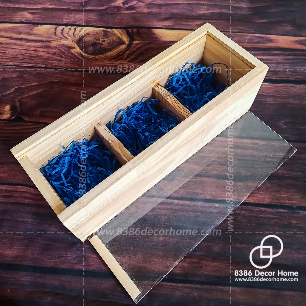 Khay gói quà bằng gỗ pallet/ hộp gỗ 3 ngăn đựng quà tết mặt mica trong suốt (nhận kích thước theo yêu cầu)