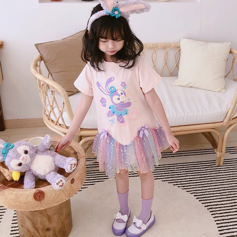 Đầm Lưới Cổ Tròn In Họa Tiết Hoạt Hình Phong Cách Hàn Quốc Dễ Thương Dành Cho Bé Gái 0-6 Tuổi