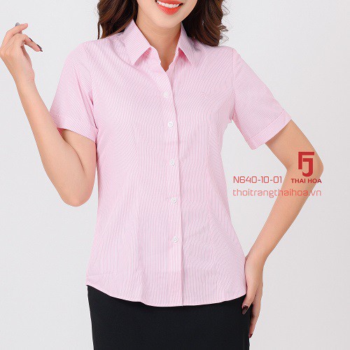 Áo sơ mi nữ công sở ngắn tay, màu hồng, kẻ tăm, trẻ trung Sơ mi nữ Thái Hòa N640-10-01