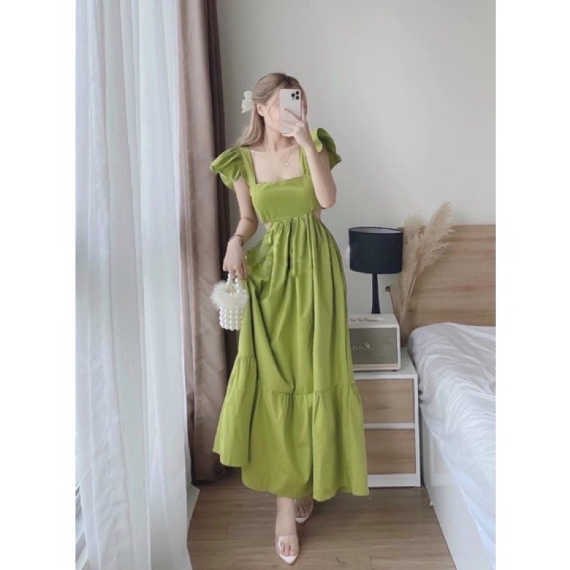 Váy maxi cánh tiên hở eo đuôi cá sẵn mút ngực chất thô freesize