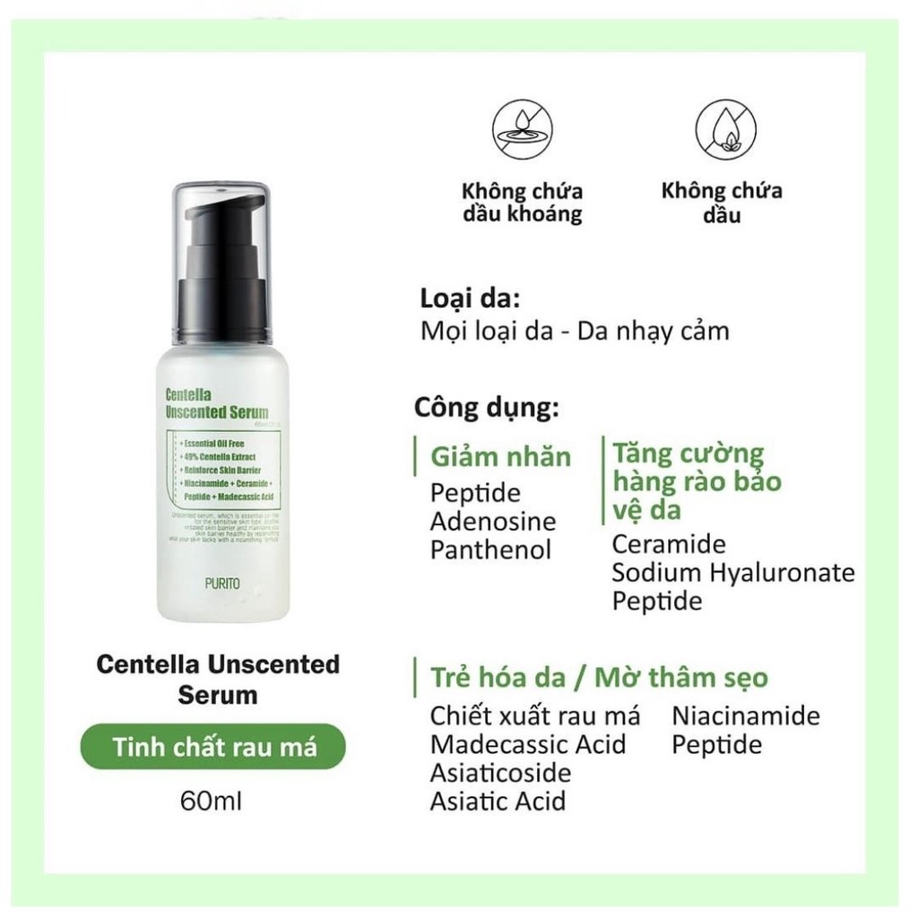 Serum Tinh Chất Purito Centella Unscented Serum Tinh Chất Rau Má Phục Hồi Không Chứa Hương Liệu