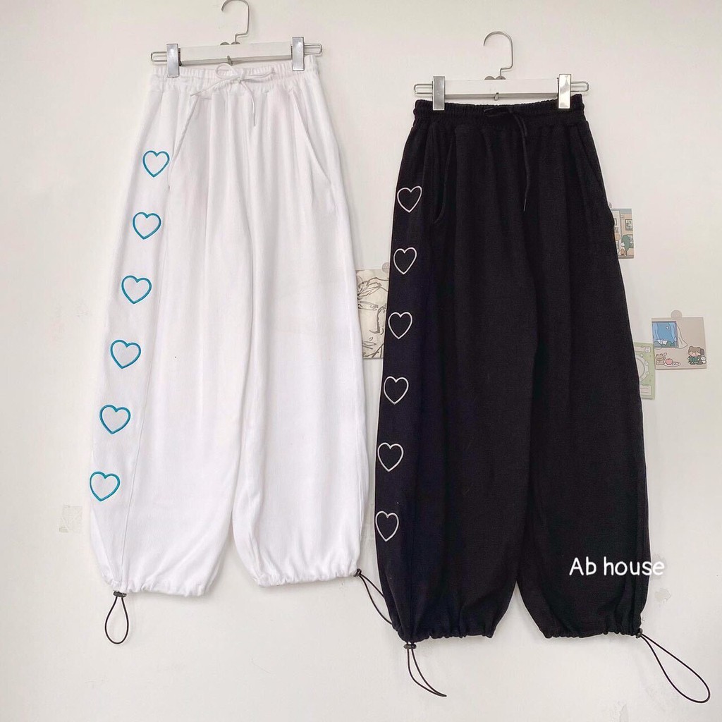 Quần jogger ống rộng nữ nhiều tim dáng thụng cạp cao lưng chun rút gấu guzfashion