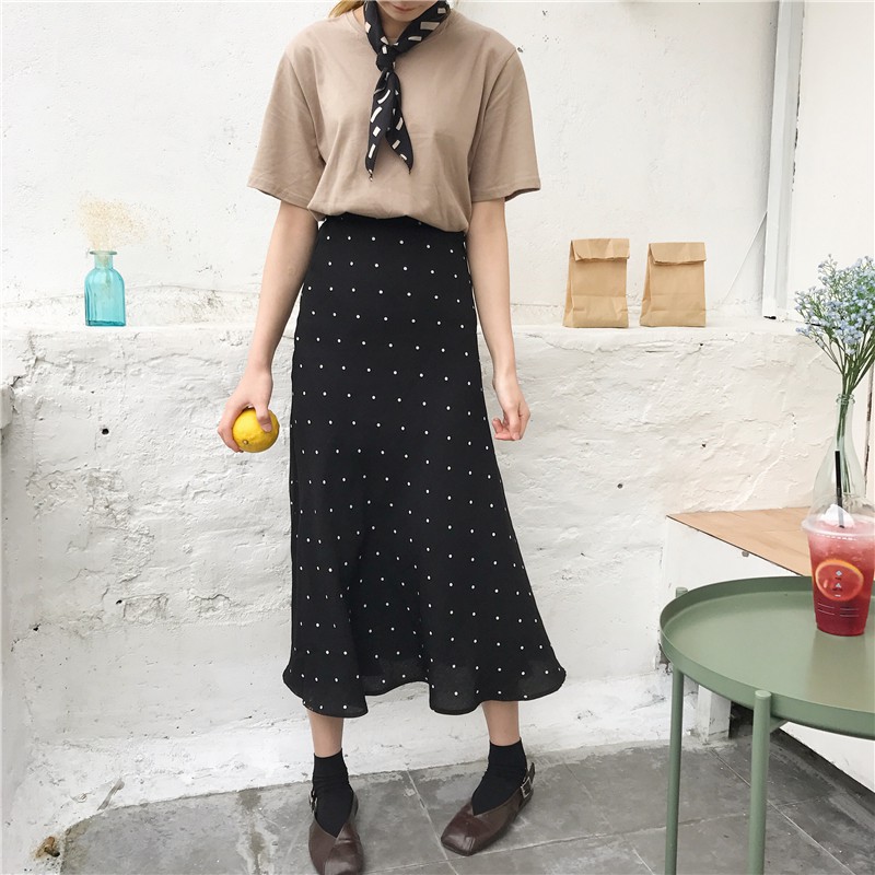 Chân váy SUXI maxi chữ A lưng cao hoạ tiết chấm bi phong cách cổ điển
