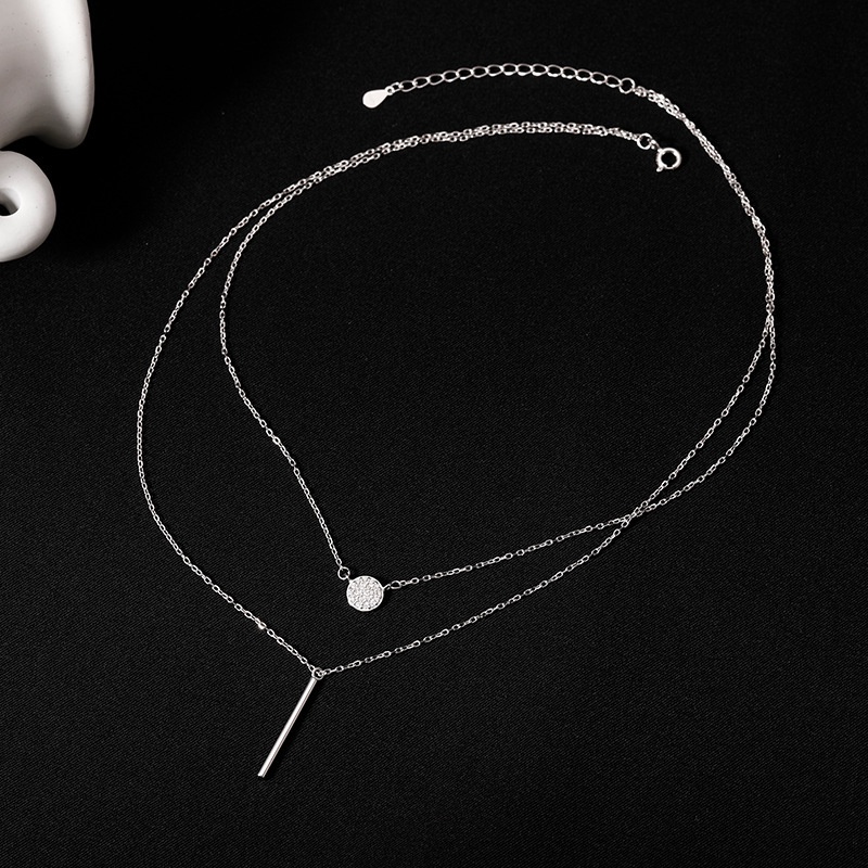 Dây chuyền bạc nữ cao cấp dạng 2 sợi lồng nhau, mặt thanh tròn và thanh đinh