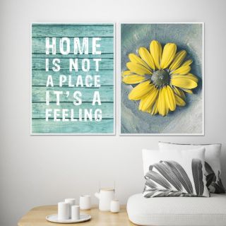 Tranh canvas hoa cúc vàng và chữ Home is not (kèm khung viền)