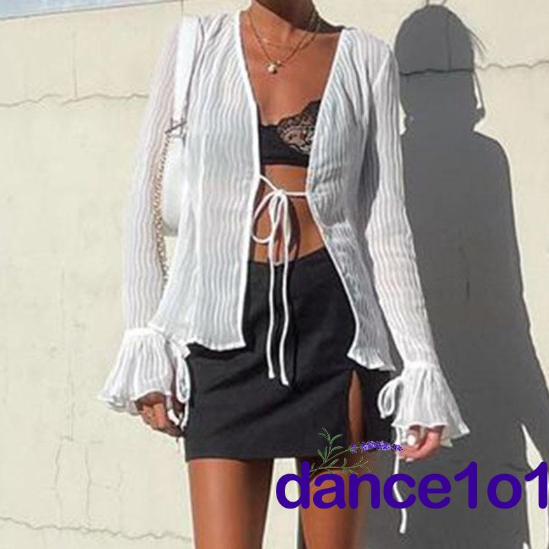 ♥DJ❥Women Long Sleeve Deep V Neck Solid Color Tops