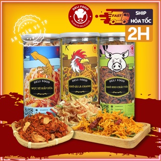 Khô gà lá chanh, Khô heo cháy tỏi, Mực xé sợi hấp dừa 850g DELIFOOD đồ ăn vặt Hà Nội chất lượng cao, thơm ngon