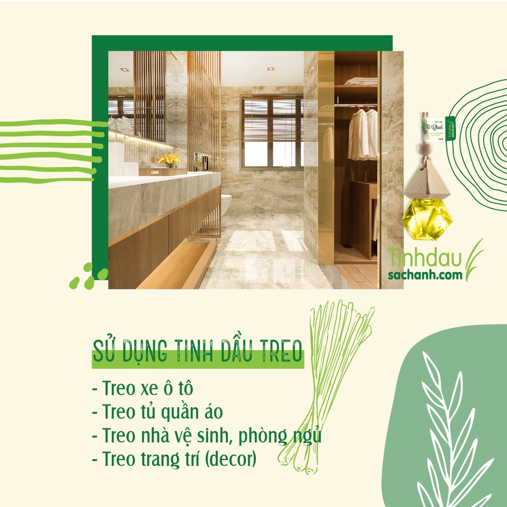 Tinh Dầu Sả Chanh Treo Xe Ôtô 8ml TINHDAUSACHANH.COM Lemongrass  Đa Năng Treo Khử Mùi Xe Hơi Thơm Phòng Tủ Quần