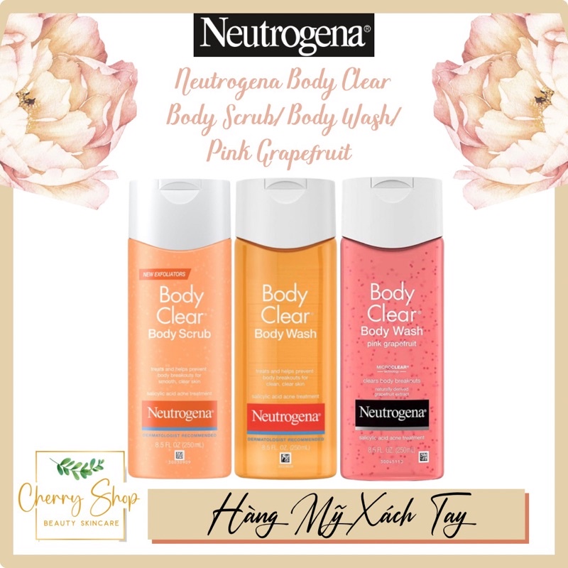 [Hàng USA] Sữa Tắm Ngăn Ngừa Mụn Neutrogena Body Clear Body Wash, Body Scrub &amp; Pink Grapefruit (250ml)