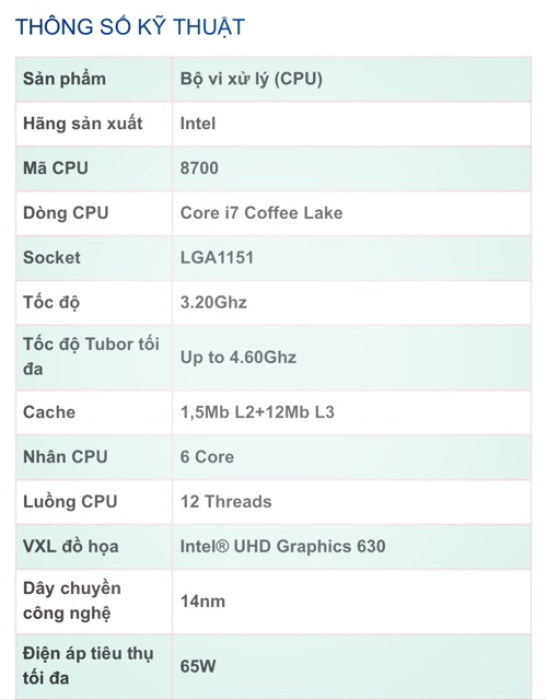 Intel Core i7 8700 / 12M / 3.2GHz / 6 nhân 12 luồng