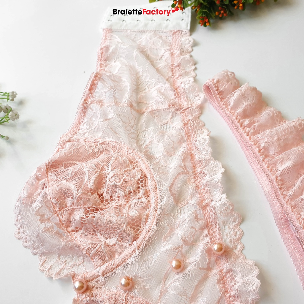 Bộ Bralette croptop ren xinh xắn màu hồng, siêu mềm mịn, thoải mái cùng quần lọt khe  N10