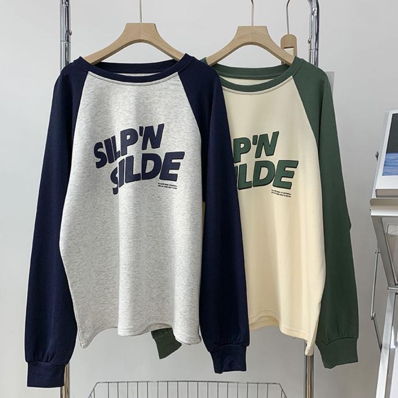 Áo Thun Raglan Tay Dài Dáng Rộng Màu Sắc Tương Phản Phong Cách Cổ Điển Thời Trang Mùa Thu Cho Nữ