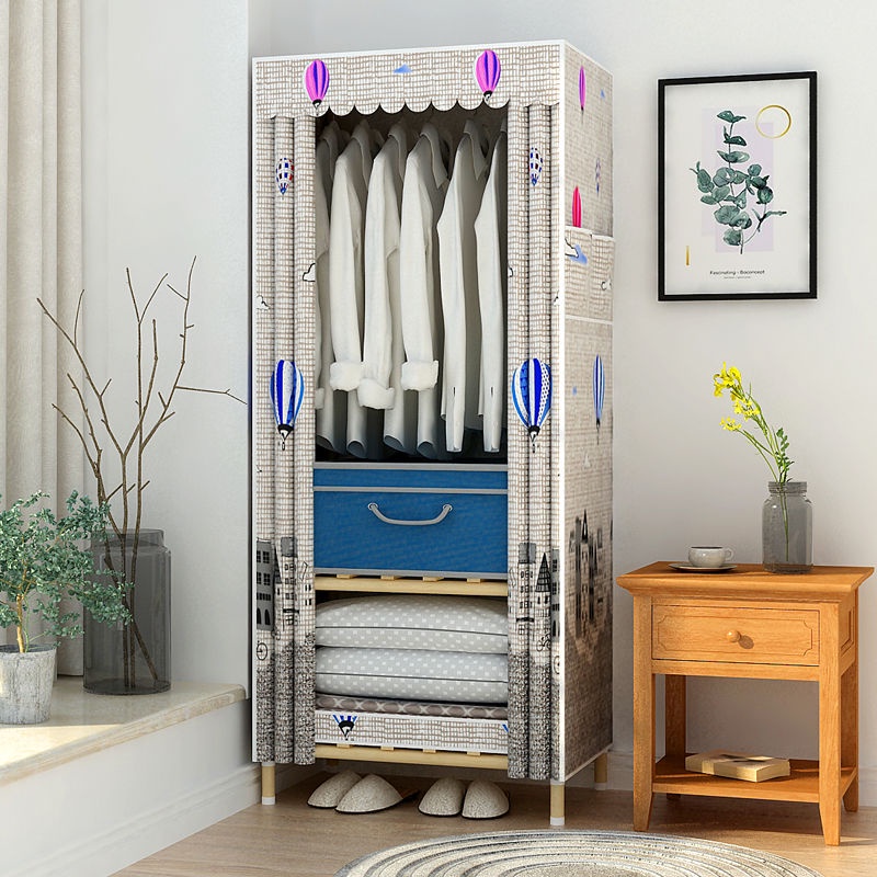Tủ quần áo nhỏ đơn giản 1 buồng giá lưu trữ đơn lắp ráp bằng gỗ rắn cho sinh viên Vải Oxford chống nước