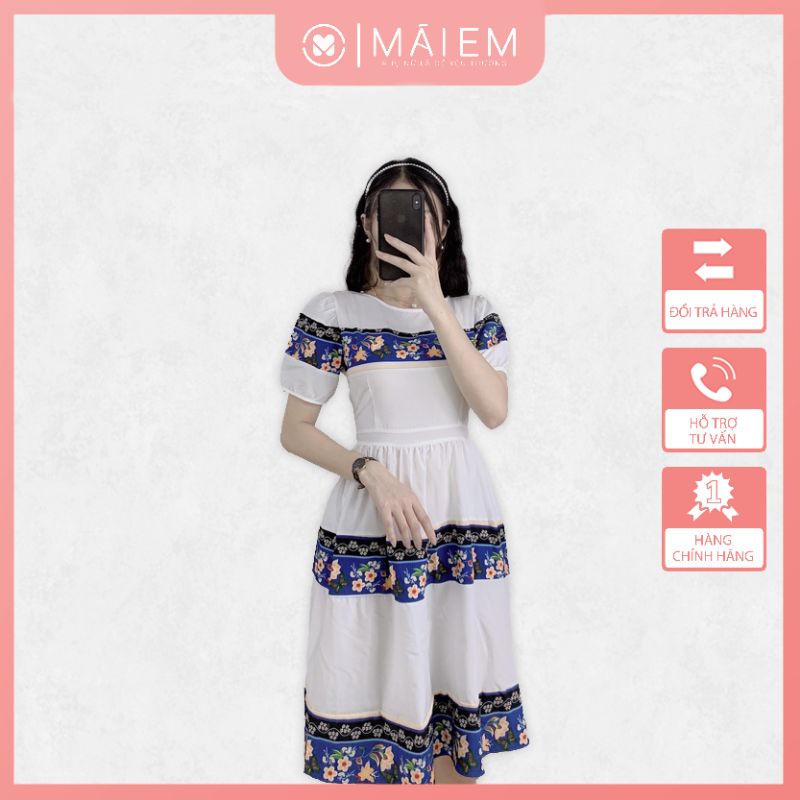 Váy trắng dáng xòe phối họa tiết thổ cẩm Đầm trắng thiết kế dự tiệc đi làm chất Linen thoáng mát Mái Việt Nam _V1960