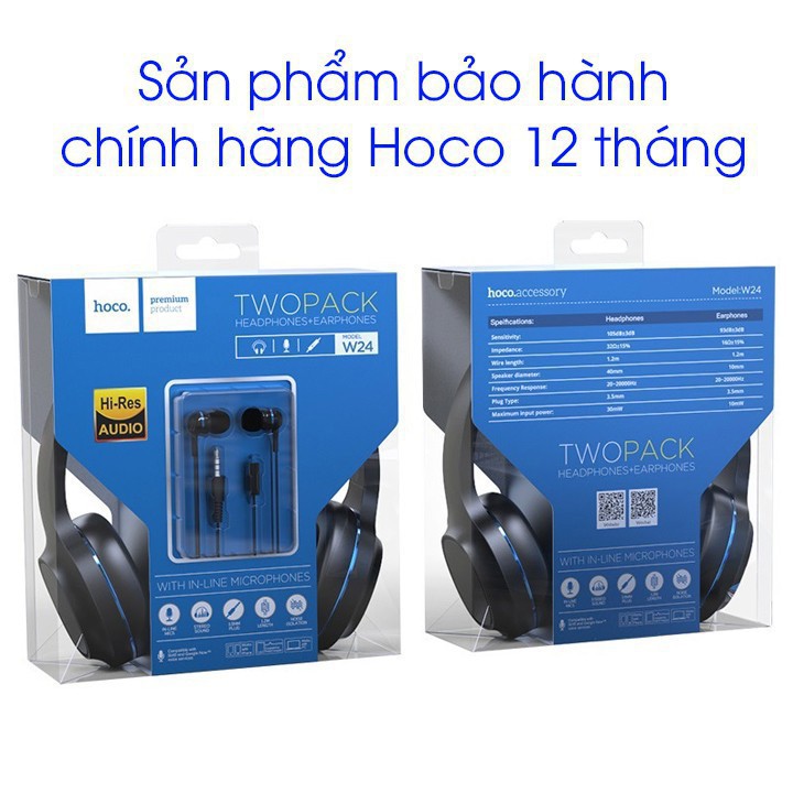 Combo Tai Nghe Hoco W24 - Gồm 1 Tai nghe Chụp Tai Có Dây và 1 Tai nghe Nhét Tai - Hàng Chính Hãng