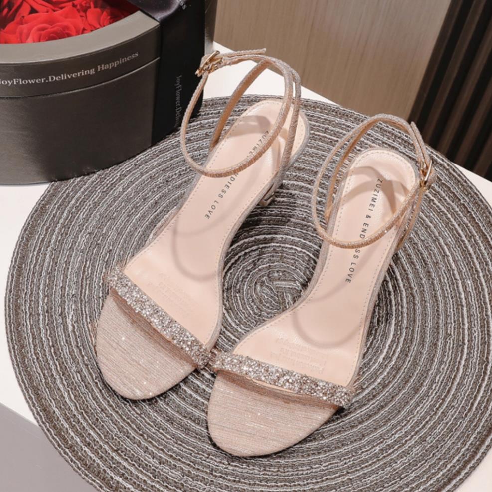 Sandal nữ Hàn Quốc, giày cao gót quai mảnh phối đá bling bling, gót 5 phân, hàng VNXK- tiemgiaydazzling DA552